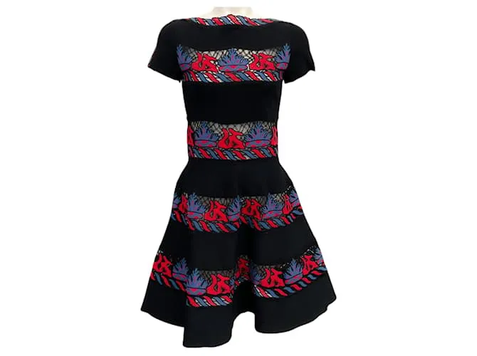 Abito Valentino nero / rosso / blu con inserti in pizzo