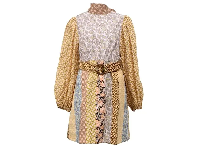 Abito Mini Stampato con Cintura Zimmermann in Lino Multicolore