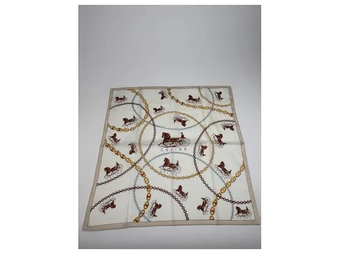 Céline Sciarpa vintage Celine Paris con monogramma a cavallo Bianco