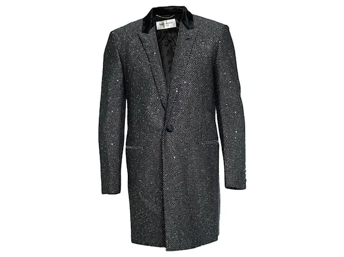 Blazer in paillettes lunghe brillanti Saint Laurent Nero Argento D'oro