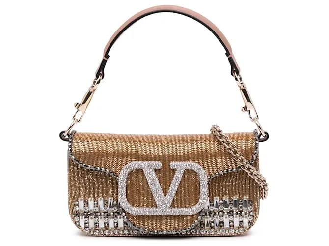 Valentino Gold Piccola Borsa Satchel Vlogo Loco Ricamata con Cristalli Swarovski D'oro