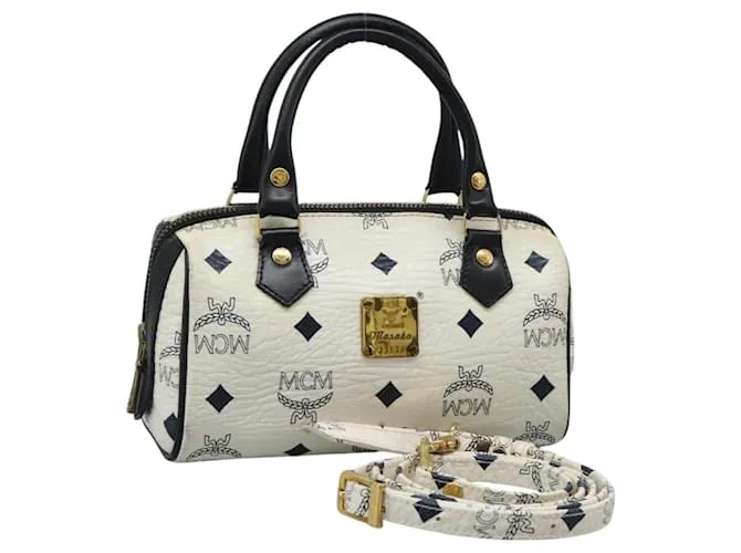 MCM Logogramma Vicetos Borsa a Mano PVC Pelle 2in1 Bianco Oro Auth 121553 D'oro