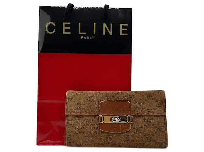 Céline Portafoglio in pelle scamosciata monogramma vintage Celine Paris marrone