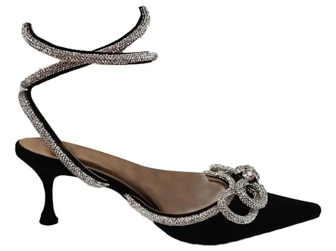 Pumps in satin nero con doppio fiocco di Mach & Mach, impreziositi da cristalli da 65 mm