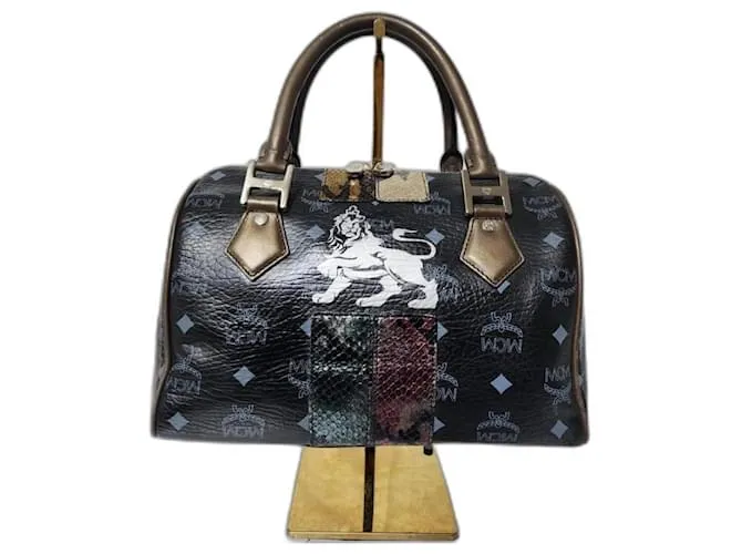 Borsa MCM Visetos Lion Princess Boston Nero/Grigio/Oro D'oro