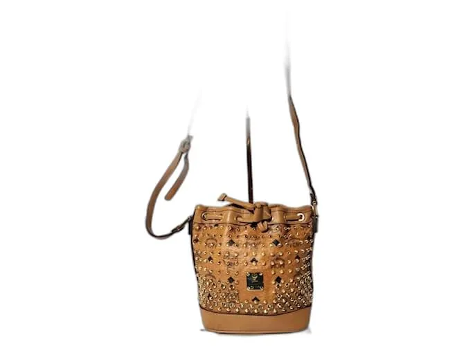 Mini borsa a secchiello con cordino MCM Visetos decorata con cristalli Swarovski Cognac Marrone