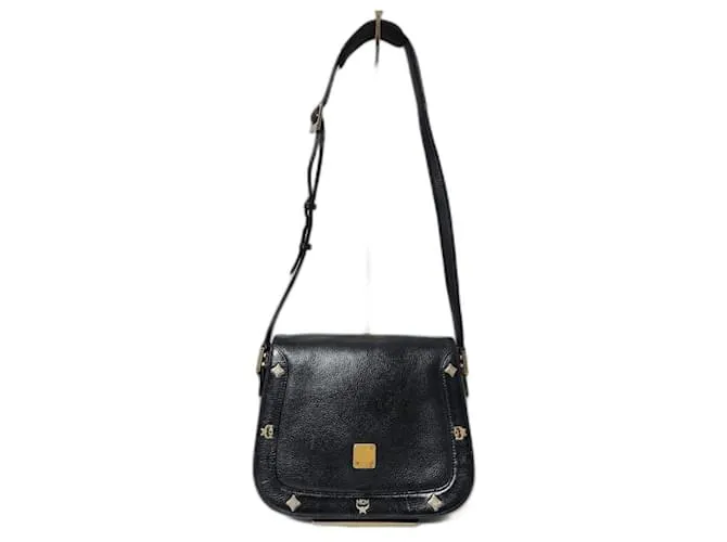 Borsa a spalla in pelle vintage MCM con patta nera Nero