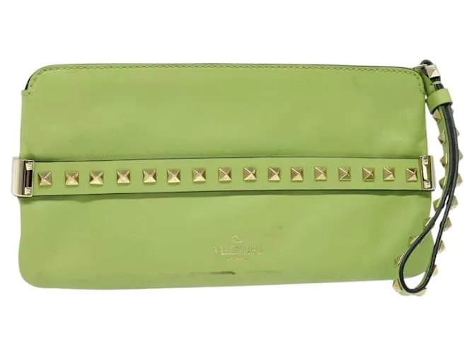 VALENTINO Borsa Clutch con Borchie in Pelle Oro Verde Chiaro Auth BA2541 D'oro