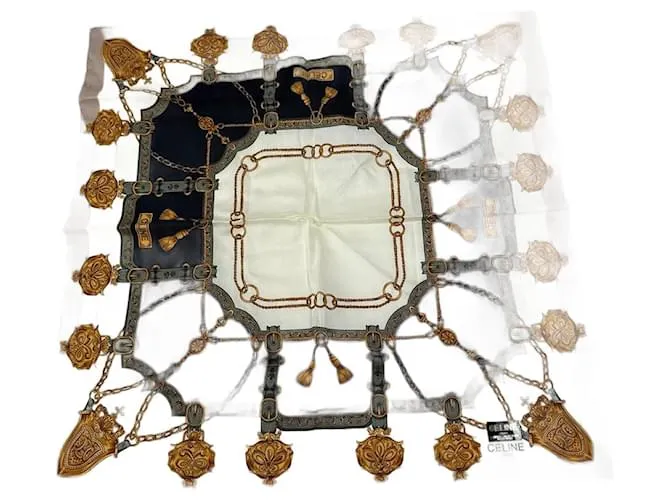 Céline Sciarpa vintage Celine grigio bianco nero oro