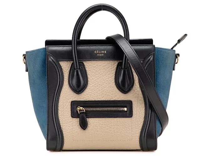 Luggage Céline Celine Brown Nano Tricolor Nubuck e Pelle di Vitello Borsa da Viaggio Marrone Beige