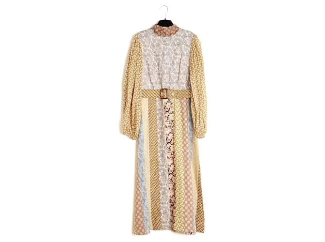 Zimmermann 2021 Abito FR42 Beige Giallo Lino Patchwork Abito da Giorno UK14 US12 NWT Multicolore
