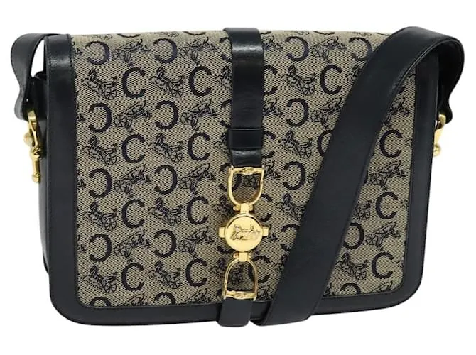 Céline Borsa a spalla CELINE C Sulky in tela blu navy e oro Auth ep8935 D'oro