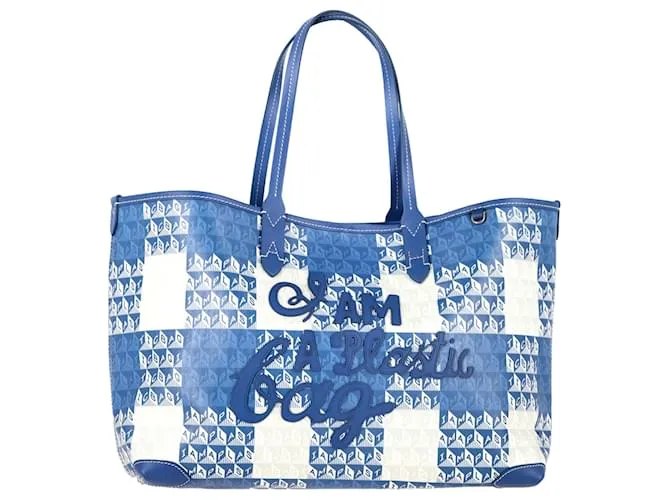 Anya Hindmarch Io Sono Una Borsa di Plastica Piccola Tote Stampata con Rifiniture in Pelle in Tela Rivestita Blu