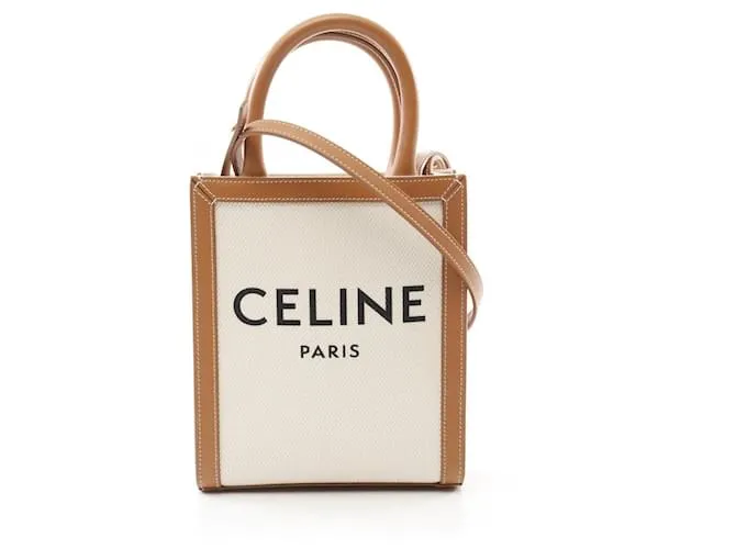 Céline Borsa a mano cabas verticale mini in tela e pelle Celine 193302 Bianco