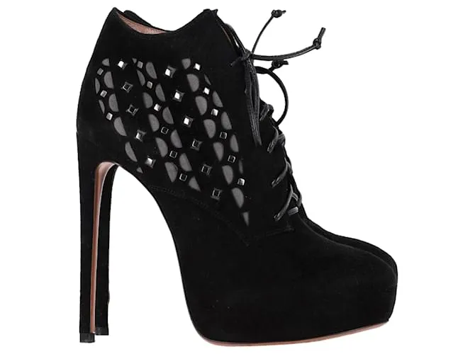 Stivaletti con piattaforma in suede nero tagliati al laser Alaïa