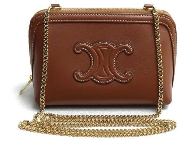 Céline Pochette in pelle Celine Chain Clutch Triomphe Marrone