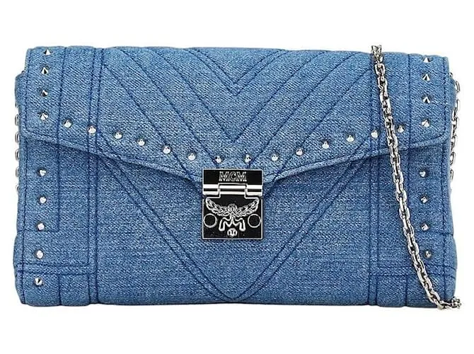 Borsa a spalla Patricia Studs in denim MCM Blu