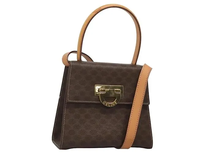 Céline Borsa a mano in tela Macadam CELINE in pelle PVC 2 in 1 marrone oro Auth 125507 D'oro