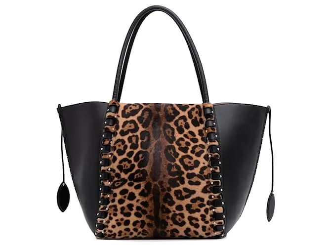 Borsa Le Hinge in pelle e pelo di pony marrone con stampa leopardata ALAÏA