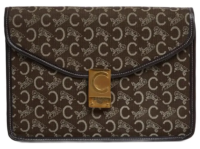 Diamond Céline Pochette Enveloppe Calèche 1985s Clutch in Tela Monogramma Marrone Celine D'oro