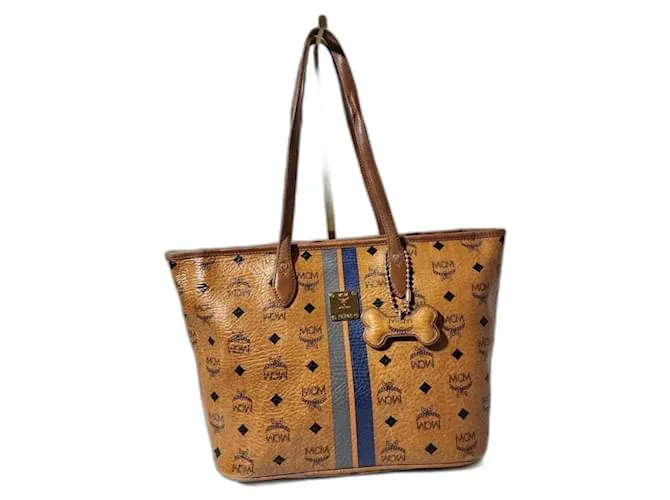 Borsa tote a righe MCM Visetos in marrone cognac