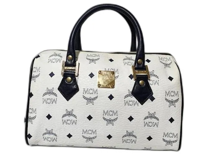 Borsa a mano in tela rivestita visetos vintage MCM blu navy/bianco