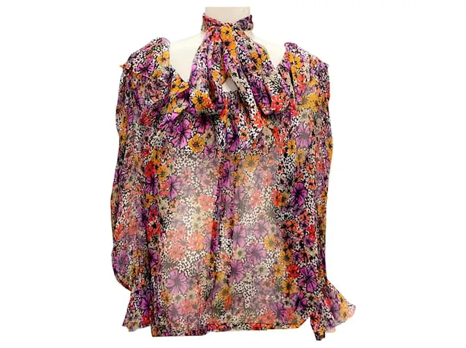 Blusa a balze con stampa floreale multicolore magenta Contera di Dries Van Noten con sciarpa abbinata