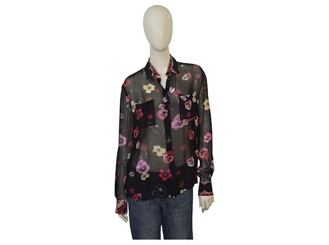 Camicia nera PINKO a maniche lunghe con stampa floreale, taglia 42 Multicolore