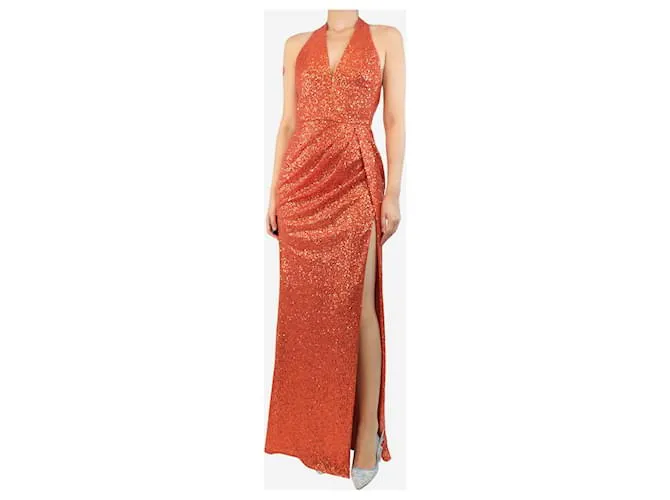 Elie Saab Abito maxi arancione con paillettes e scollo all'americana - taglia UK 8