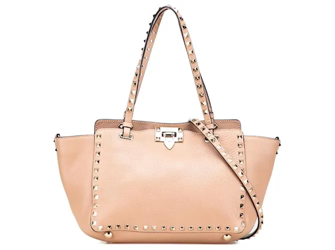 Borsa trapezio in pelle marrone Valentino con borchie Rockstud Beige