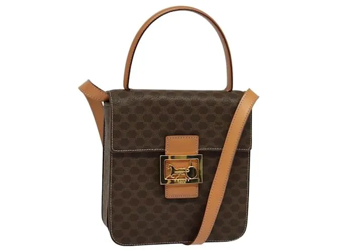 Céline Borsa a mano in tela Macadam CELINE in pelle PVC 2 vie marrone oro Auth 126107 D'oro