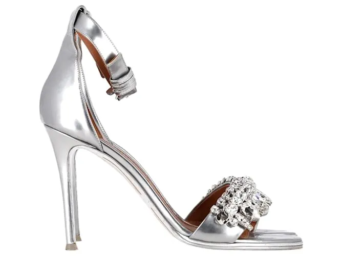 Sandali con tacco e cinturino alla caviglia decorati in pelle argentata di Givenchy Argento Metallico