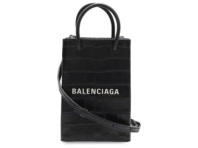 Supporto per telefono 2 in 1 in pelle di coccodrillo Balenciaga Nero
