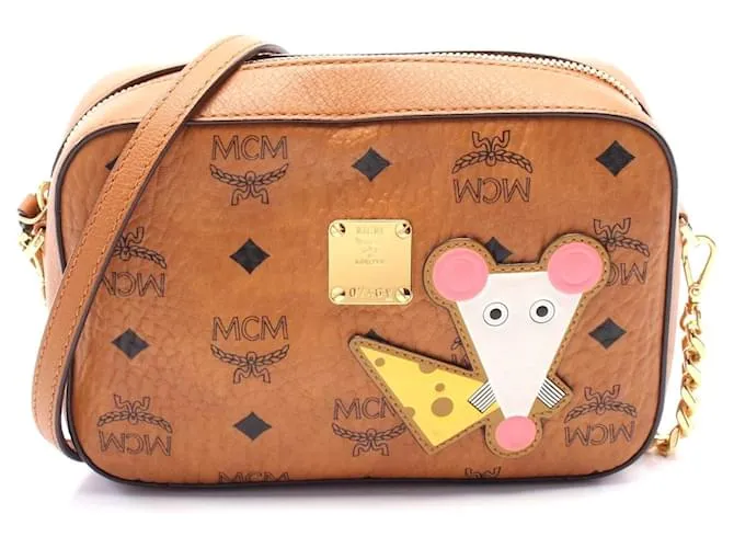 Borsa a spalla in pelle MCM Visetos per fotocamera Marrone