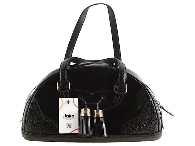 Céline Borsa a spalla in pelle verniciata nera Nero