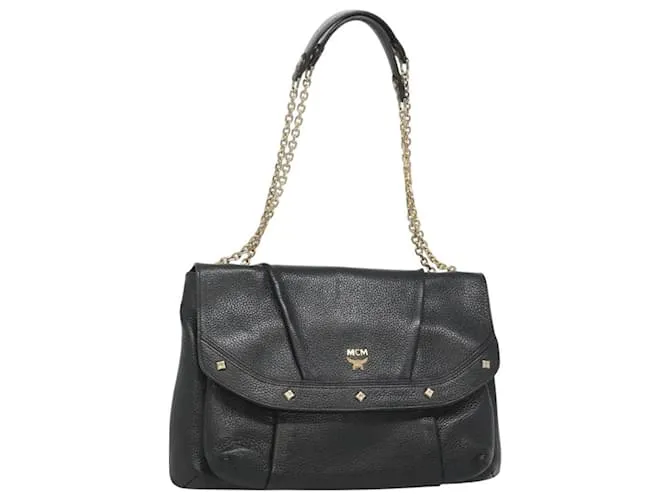 Borsa a spalla in pelle MCM Studs Chain nera e oro Auth 127008 Nero D'oro