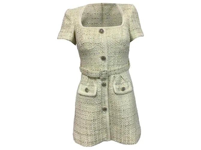 Self portrait Abito mini in tweed giallo con cintura in poliestere