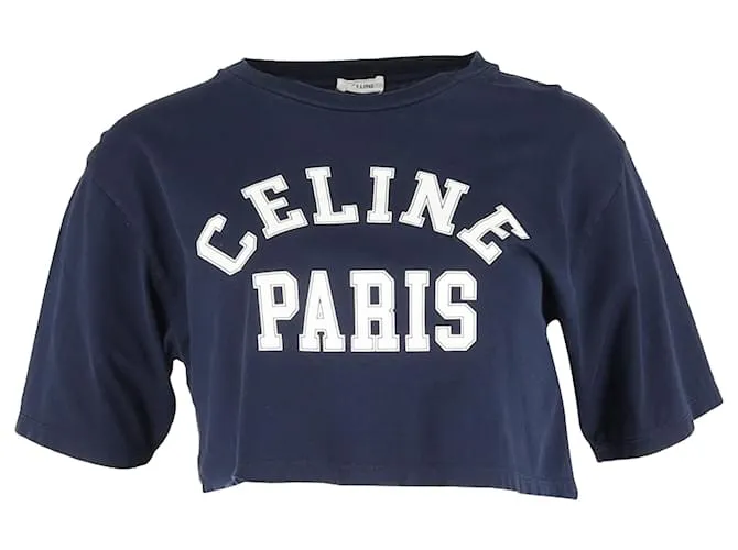 Edge Céline T-shirt cropped in cotone blu navy con stampa logo Celine