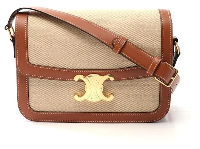 Céline Borsa a spalla in tela e pelle Triomphe Classica di Celine Marrone Beige