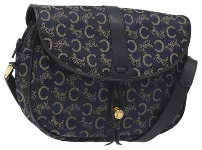 Céline Borsa a spalla CELINE C Sulky in tela blu navy e oro Auth BA2617 D'oro