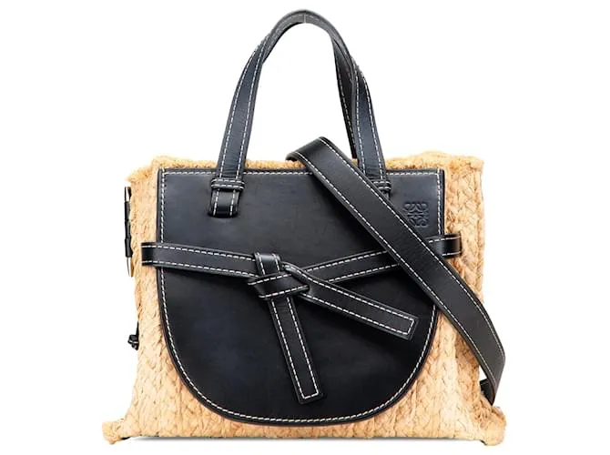 Borsa a mano Gate piccola in rafia e pelle marrone LOEWE Nero Beige