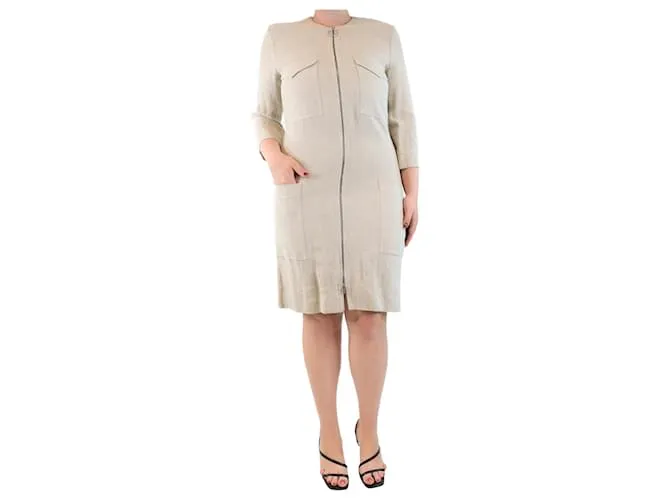 Céline Abito midi in lino neutro con zip frontale - taglia UK 12