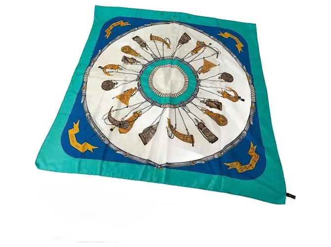 Céline Foulard in seta vintage Celine blu turchese e bianco Multicolore