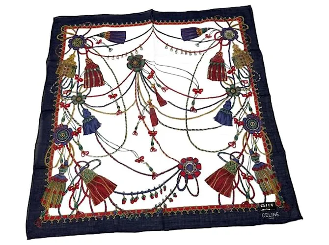 Céline Sciarpa Vintage Celine Blu Navy Bianco Multicolore