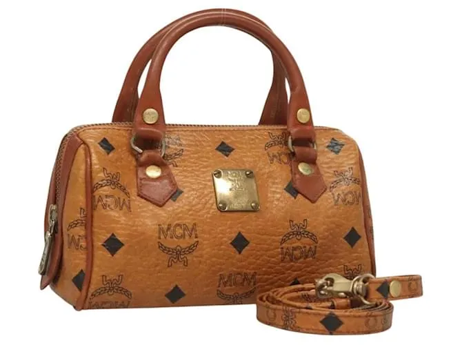 MCM Logogramma Vicetos Borsa a Mano in Pelle PVC 2 vie Marrone Oro Auth 126977 D'oro