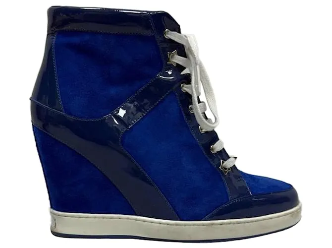 Sneakers con zeppa in pelle verniciata Panama Jimmy Choo in camoscio blu