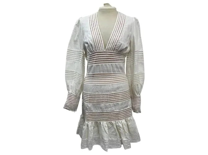 Abito Mini in Lino Bianco con Bordo all'Uncinetto Zimmermann Crudo