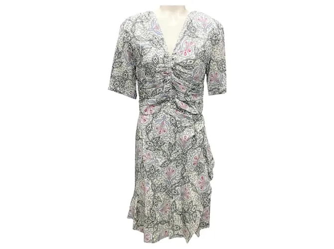 Abito arricciato stampato avorio / grigio multi di Isabel Marant Multicolore