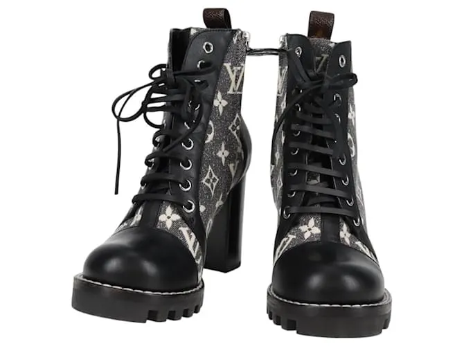 Stivali grigi LOUIS VUITTON Monogram Jaguar Star Trail Line Lace Up Auth 127740M Marrone