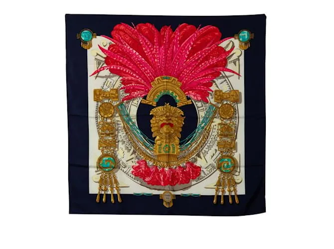 Hermès Sciarpa Hermes Carre 90 Carnevale Statua del Buddha Rosa Multicolore Blu navy